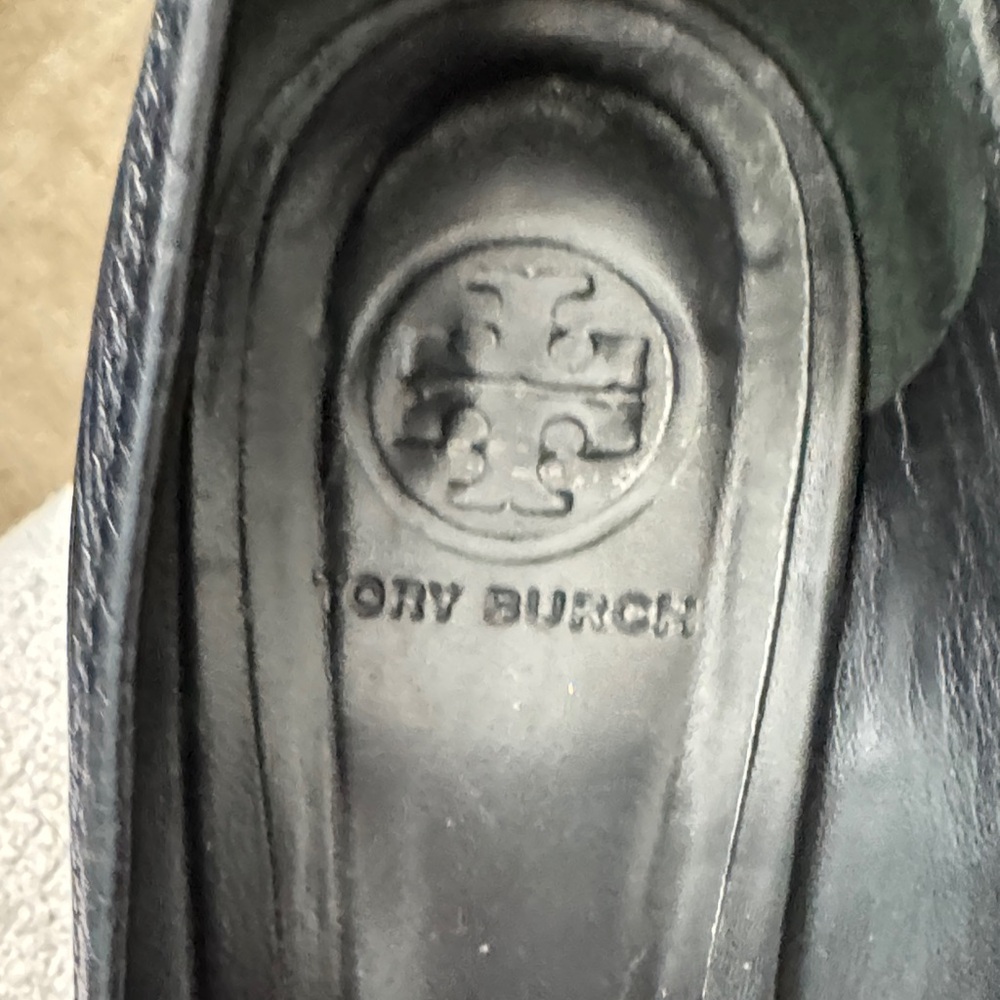 Tory Burch Sally Peep Toe Wedge Black with Silver Logo - Picture 5 of 9